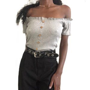 Grey Off shoulder top lettuce trim top